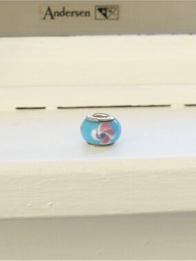 Sterling Bead Blue Murano-style Glass Bead Charm with Pink Swirl